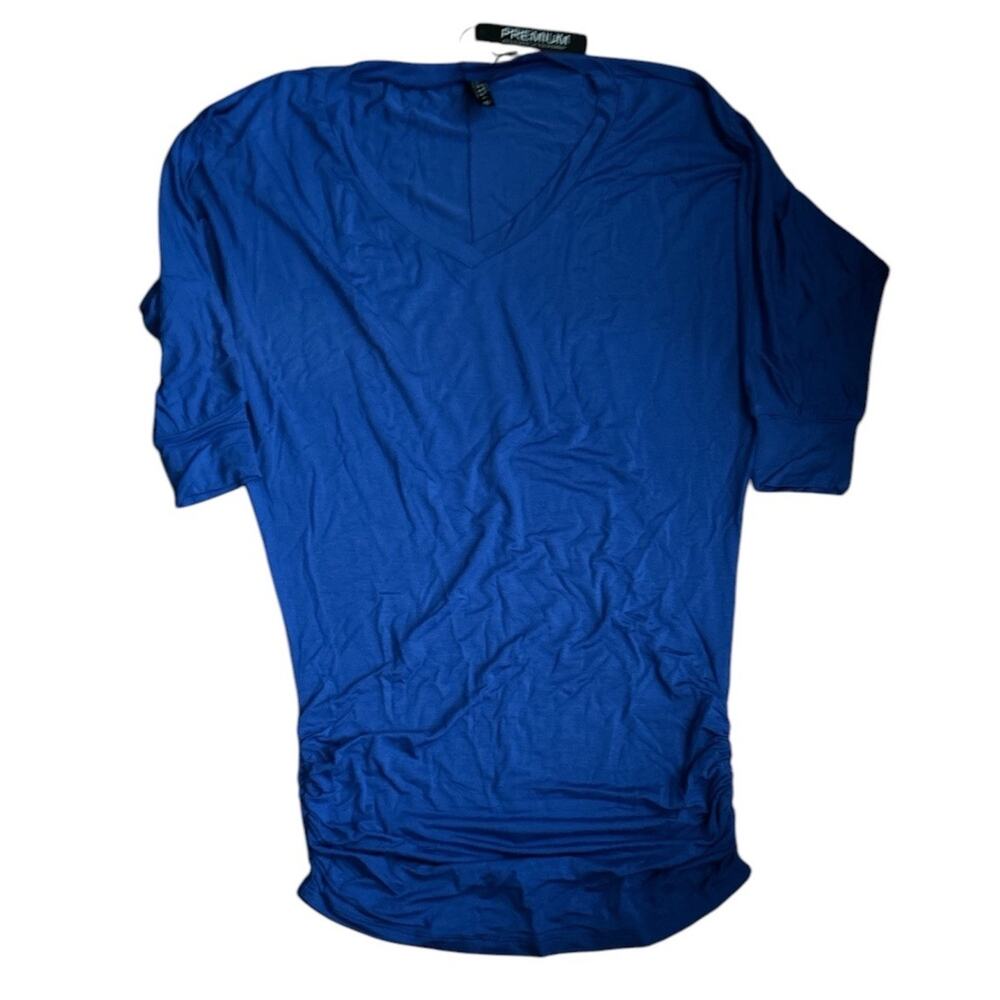 Made By Johnny Women's Casual Solid Short Sleeve V Neck Shirring Top Blue XS